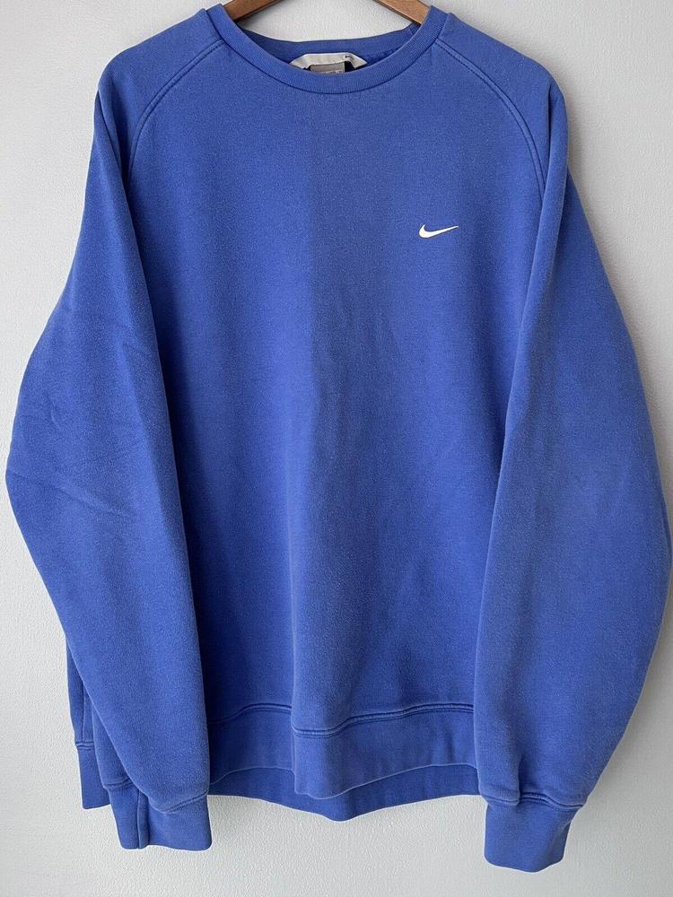 Nike Men’s Vtg Blue Crewneck Sweatshirt White Logo Swoosh Gray Tag Y2K 2000s XL